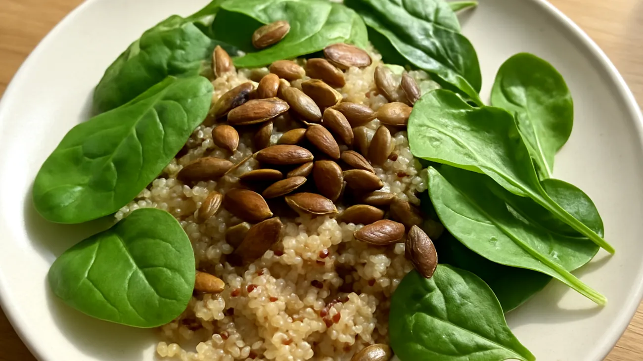 Quinoa con semi di zucca e spinaci baby"