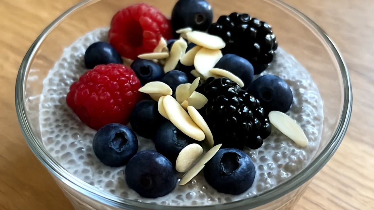 Budino di semi di chia con frutti di bosco e mandorle"