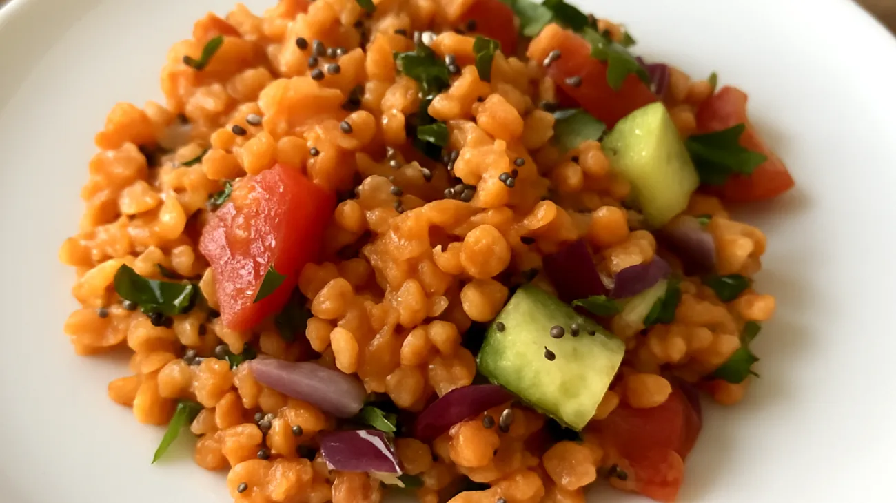Insalata di lenticchie rosse con semi di chia e verdure crude"