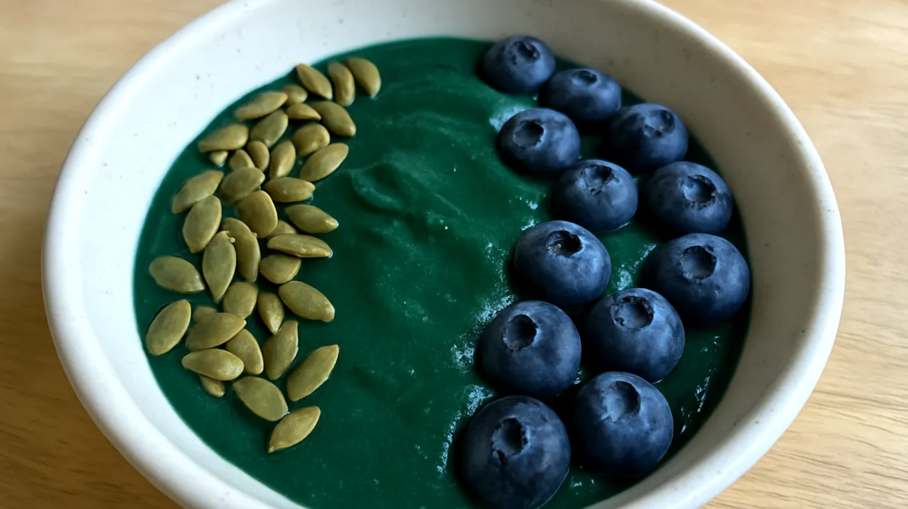 Smoothie bowl con spirulina, semi di zucca e mirtilli"