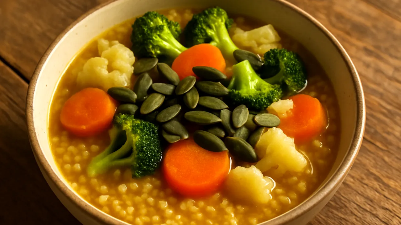 Zuppa di miglio con verdure al vapore e semi di zucca"