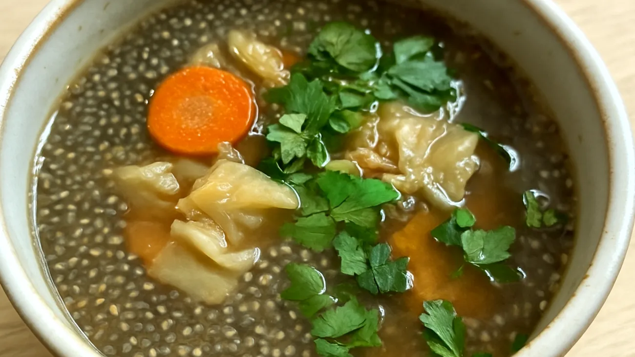 Zuppa di semi di chia con verdure fermentate e brodo di miso"